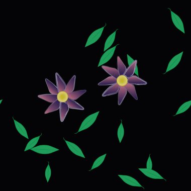 Basit renkli çiçekleri ve tek renkli arka planda yeşil yaprakları olan güzel kompozisyon, vektör illüstrasyonu