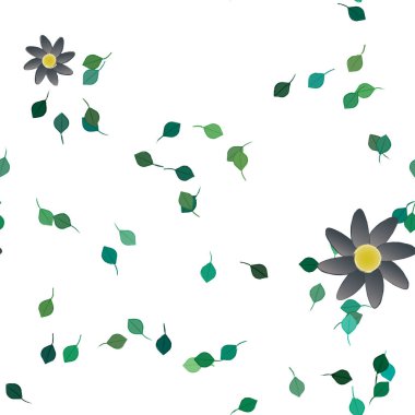 Basit renkli çiçekleri ve tek renkli arka planda yeşil yaprakları olan güzel kompozisyon, vektör illüstrasyonu