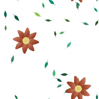 Basit renkli çiçekleri ve tek renkli arka planda yeşil yaprakları olan güzel kompozisyon, vektör illüstrasyonu