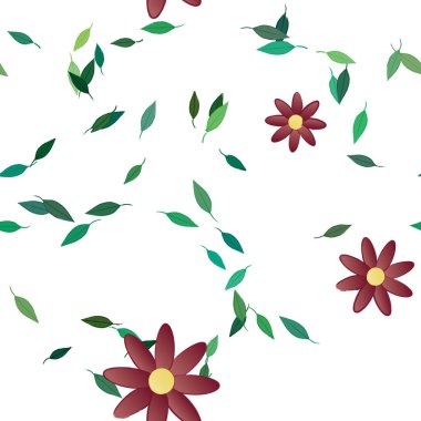 Tek renkli arka planda basit renkli çiçekler ve yeşil yapraklarla güzel kompozisyon, vektör illüstrasyonu