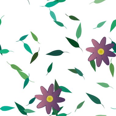 Tek renkli arka planda basit renkli çiçekler ve yeşil yapraklarla güzel kompozisyon, vektör illüstrasyonu