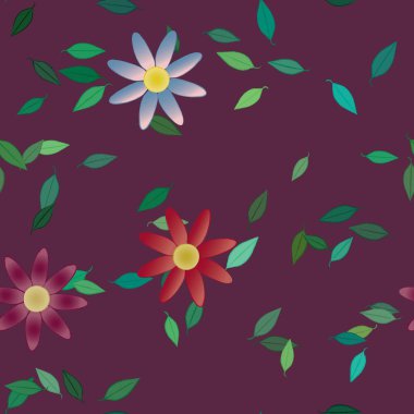 Basit renkli çiçekleri ve tek renkli arka planda yeşil yaprakları olan güzel kompozisyon, vektör illüstrasyonu