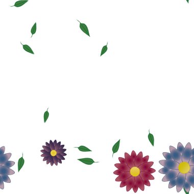 Basit renkli çiçekleri ve tek renkli arka planda yeşil yaprakları olan güzel kompozisyon, vektör illüstrasyonu