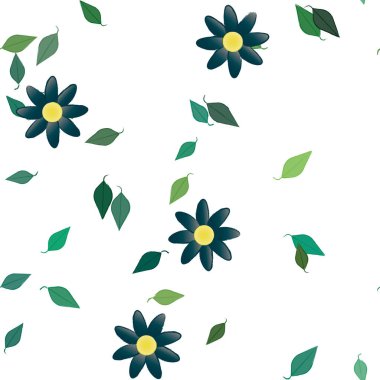 Tek renkli arka planda basit renkli çiçekler ve yeşil yapraklarla güzel kompozisyon, vektör illüstrasyonu