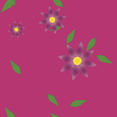 Tek renkli arka planda basit renkli çiçekler ve yeşil yapraklarla güzel kompozisyon, vektör illüstrasyonu