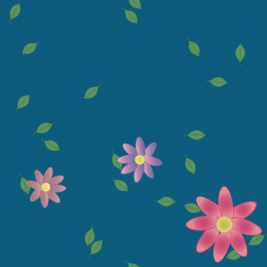 Basit renkli çiçekleri ve tek renkli arka planda yeşil yaprakları olan güzel kompozisyon, vektör illüstrasyonu