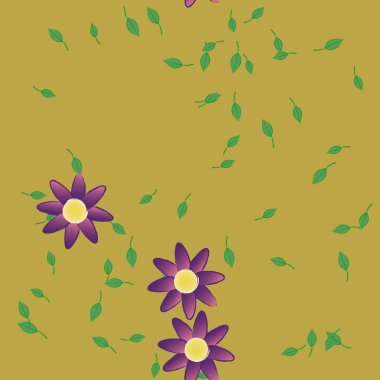 Tek renkli arka planda basit renkli çiçekler ve yeşil yapraklarla güzel kompozisyon, vektör illüstrasyonu