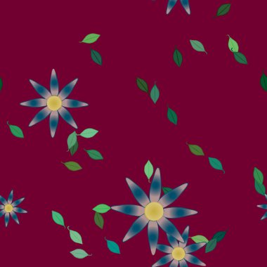 Basit renkli çiçekleri ve tek renkli arka planda yeşil yaprakları olan güzel kompozisyon, vektör illüstrasyonu