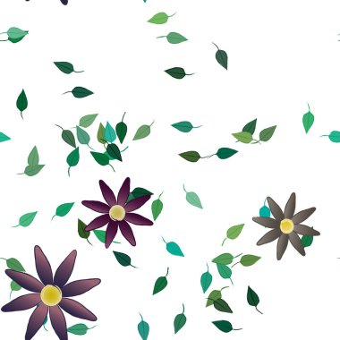 Basit renkli çiçekleri ve tek renkli arka planda yeşil yaprakları olan güzel kompozisyon, vektör illüstrasyonu