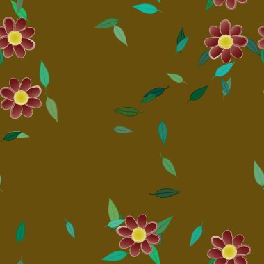 Tek renkli arka planda basit renkli çiçekler ve yeşil yapraklarla güzel kompozisyon, vektör illüstrasyonu