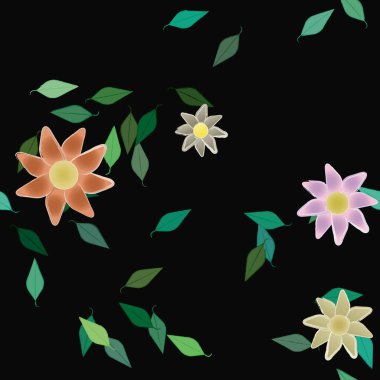 Basit renkli çiçekleri ve tek renkli arka planda yeşil yaprakları olan güzel kompozisyon, vektör illüstrasyonu