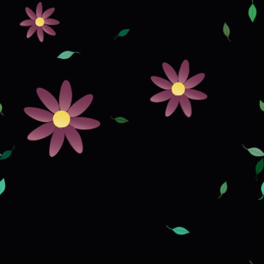 Tek renkli arka planda basit renkli çiçekler ve yeşil yapraklarla güzel kompozisyon, vektör illüstrasyonu