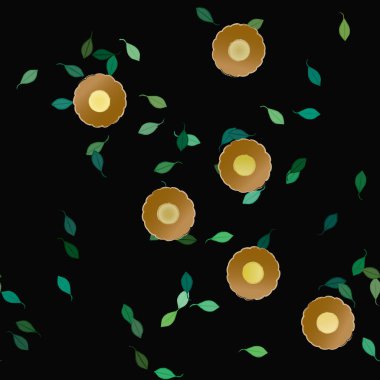 Tek renkli arka planda basit renkli çiçekler ve yeşil yapraklarla güzel kompozisyon, vektör illüstrasyonu