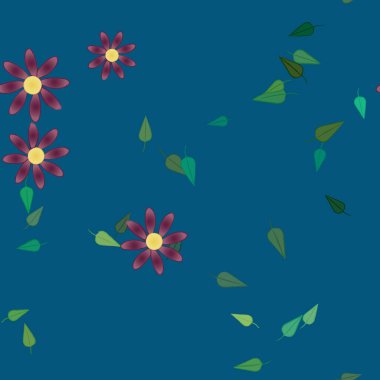 Basit renkli çiçekleri ve tek renkli arka planda yeşil yaprakları olan güzel kompozisyon, vektör illüstrasyonu