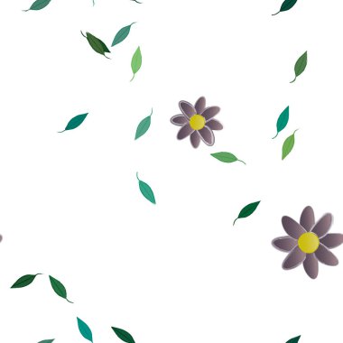 Basit renkli çiçekleri ve tek renkli arka planda yeşil yaprakları olan güzel kompozisyon, vektör illüstrasyonu