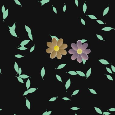 Basit renkli çiçekleri ve tek renkli arka planda yeşil yaprakları olan güzel kompozisyon, vektör illüstrasyonu