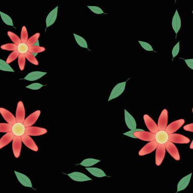 Basit renkli çiçekleri ve tek renkli arka planda yeşil yaprakları olan güzel kompozisyon, vektör illüstrasyonu