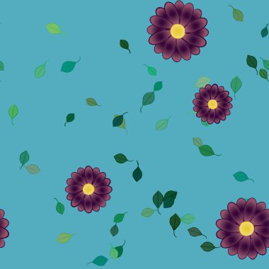 Basit renkli çiçekleri ve tek renkli arka planda yeşil yaprakları olan güzel kompozisyon, vektör illüstrasyonu