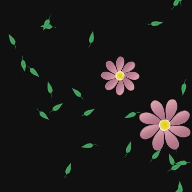 Tek renkli arka planda basit renkli çiçekler ve yeşil yapraklarla güzel kompozisyon, vektör illüstrasyonu