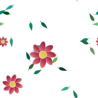 Tek renkli arka planda basit renkli çiçekler ve yeşil yapraklarla güzel kompozisyon, vektör illüstrasyonu