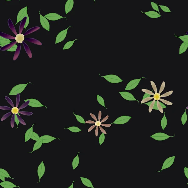 Mooie Compositie Met Eenvoudige Gekleurde Bloemen Groene Bladeren Monochrome Achtergrond — Stockvector