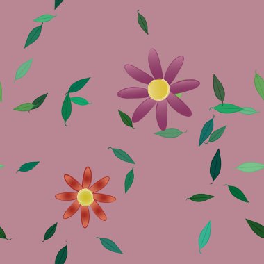 Tek renkli arka planda basit renkli çiçekler ve yeşil yapraklarla güzel kompozisyon, vektör illüstrasyonu