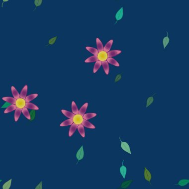 Basit renkli çiçekleri ve tek renkli arka planda yeşil yaprakları olan güzel kompozisyon, vektör illüstrasyonu