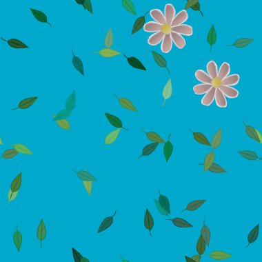 Tek renkli arka planda basit renkli çiçekler ve yeşil yapraklarla güzel kompozisyon, vektör illüstrasyonu