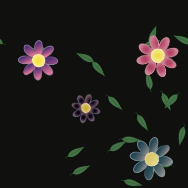 Basit renkli çiçekleri ve tek renkli arka planda yeşil yaprakları olan güzel kompozisyon, vektör illüstrasyonu