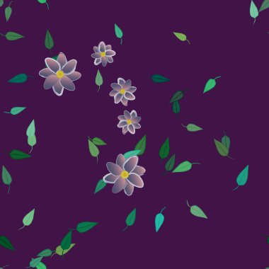 Basit renkli çiçekleri ve tek renkli arka planda yeşil yaprakları olan güzel kompozisyon, vektör illüstrasyonu