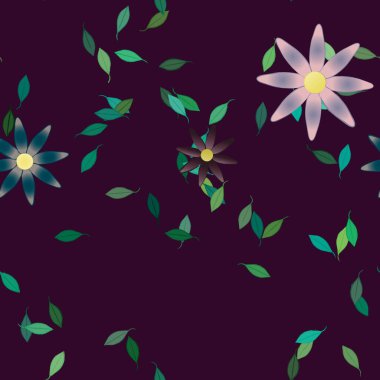 Basit renkli çiçekleri ve tek renkli arka planda yeşil yaprakları olan güzel kompozisyon, vektör illüstrasyonu