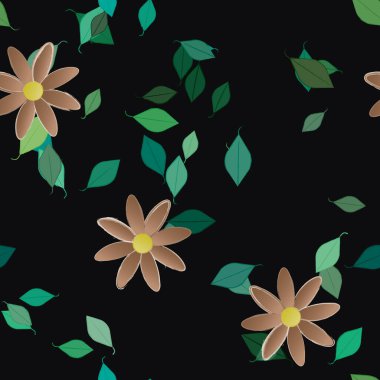 Basit renkli çiçekleri ve tek renkli arka planda yeşil yaprakları olan güzel kompozisyon, vektör illüstrasyonu