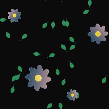 Tek renkli arka planda basit renkli çiçekler ve yeşil yapraklarla güzel kompozisyon, vektör illüstrasyonu