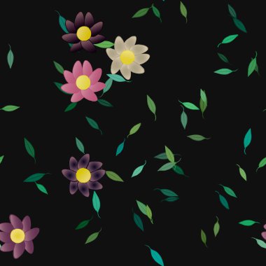 Tek renkli arka planda basit renkli çiçekler ve yeşil yapraklarla güzel kompozisyon, vektör illüstrasyonu