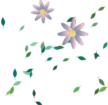 Tek renkli arka planda basit renkli çiçekler ve yeşil yapraklarla güzel kompozisyon, vektör illüstrasyonu