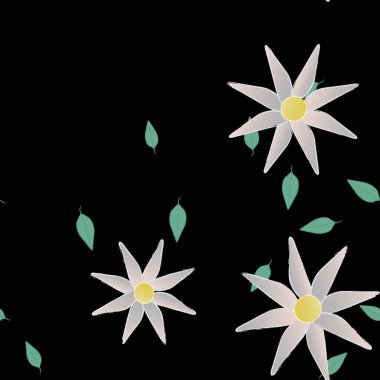 Tek renkli arka planda basit renkli çiçekler ve yeşil yapraklarla güzel kompozisyon, vektör illüstrasyonu