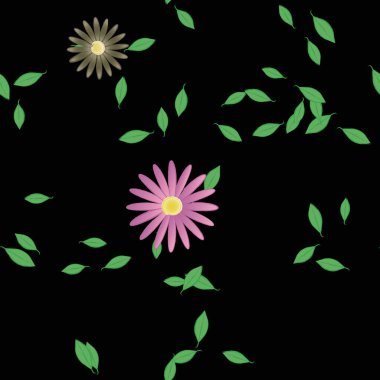 Basit renkli çiçekleri ve tek renkli arka planda yeşil yaprakları olan güzel kompozisyon, vektör illüstrasyonu