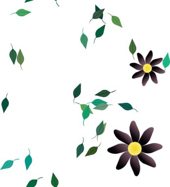 Basit renkli çiçekleri ve tek renkli arka planda yeşil yaprakları olan güzel kompozisyon, vektör illüstrasyonu