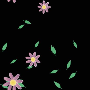 Tek renkli arka planda basit renkli çiçekler ve yeşil yapraklarla güzel kompozisyon, vektör illüstrasyonu