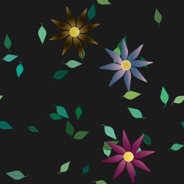 Tek renkli arka planda basit renkli çiçekler ve yeşil yapraklarla güzel kompozisyon, vektör illüstrasyonu