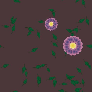 Tek renkli arka planda basit renkli çiçekler ve yeşil yapraklarla güzel kompozisyon, vektör illüstrasyonu