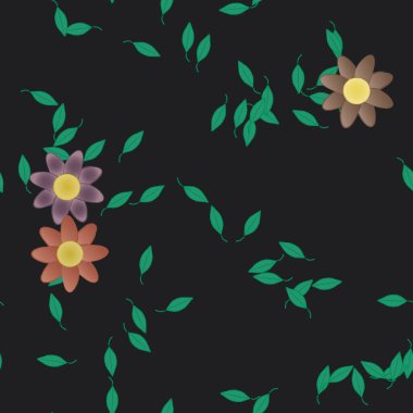 Tek renkli arka planda basit renkli çiçekler ve yeşil yapraklarla güzel kompozisyon, vektör illüstrasyonu