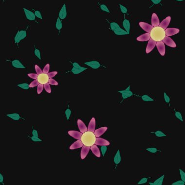 Tek renkli arka planda basit renkli çiçekler ve yeşil yapraklarla güzel kompozisyon, vektör illüstrasyonu