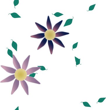 Tek renkli arka planda basit renkli çiçekler ve yeşil yapraklarla güzel kompozisyon, vektör illüstrasyonu