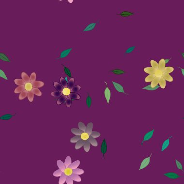 Tek renkli arka planda basit renkli çiçekler ve yeşil yapraklarla güzel kompozisyon, vektör illüstrasyonu