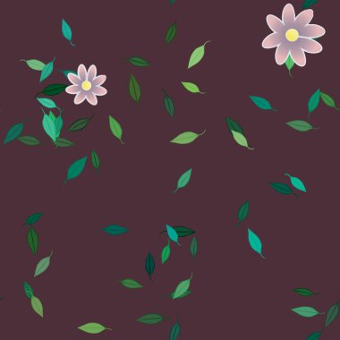 Basit renkli çiçekleri ve tek renkli arka planda yeşil yaprakları olan güzel kompozisyon, vektör illüstrasyonu