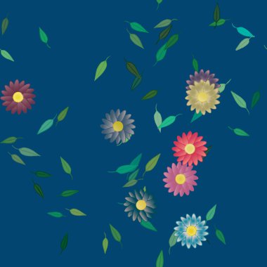 Basit renkli çiçekleri ve tek renkli arka planda yeşil yaprakları olan güzel kompozisyon, vektör illüstrasyonu