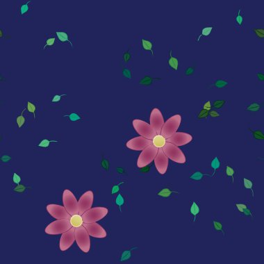 Tek renkli arka planda basit renkli çiçekler ve yeşil yapraklarla güzel kompozisyon, vektör illüstrasyonu