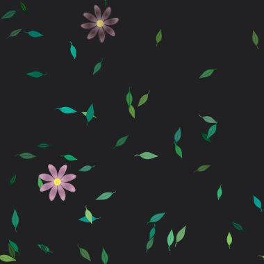 Tek renkli arka planda basit renkli çiçekler ve yeşil yapraklarla güzel kompozisyon, vektör illüstrasyonu