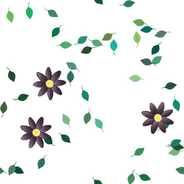 Basit renkli çiçekleri ve tek renkli arka planda yeşil yaprakları olan güzel kompozisyon, vektör illüstrasyonu